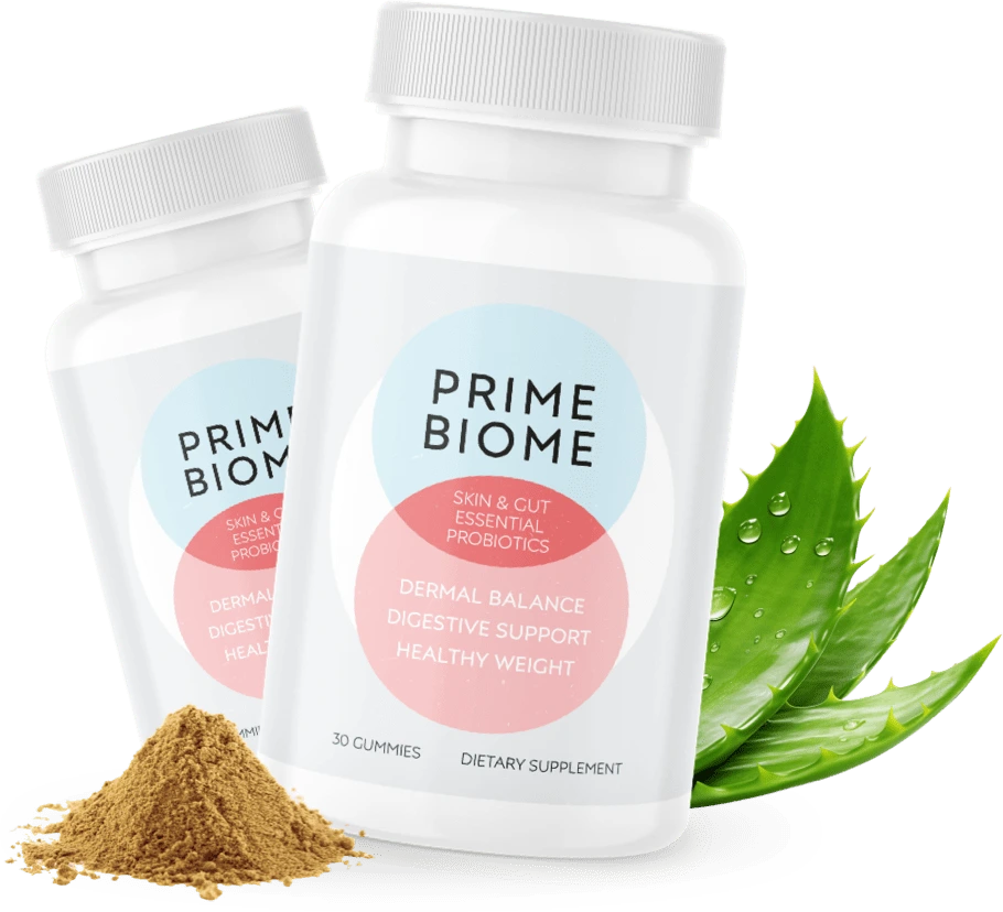 PrimeBiome skin and gut probiotic gummy bottle with dandelion and ginger ingredients